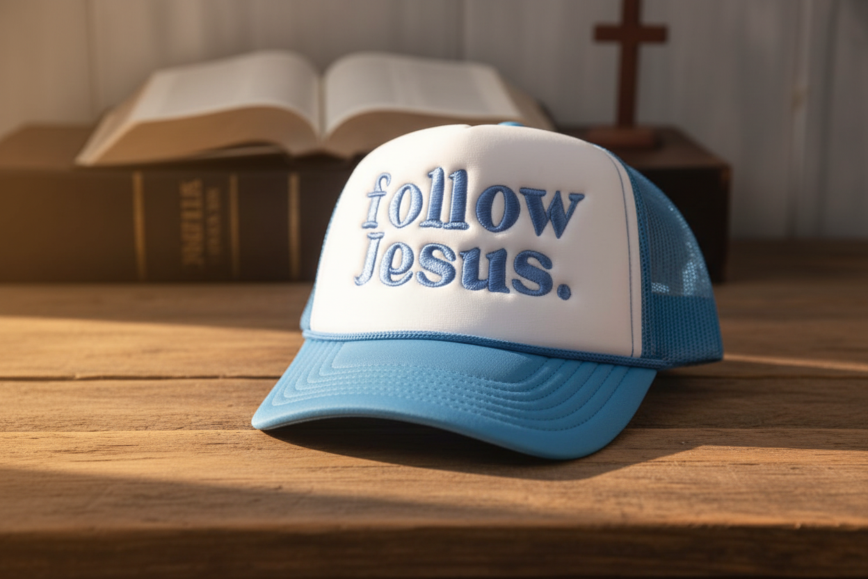 Follow Jesus Embroidery Hat in inspiring setting